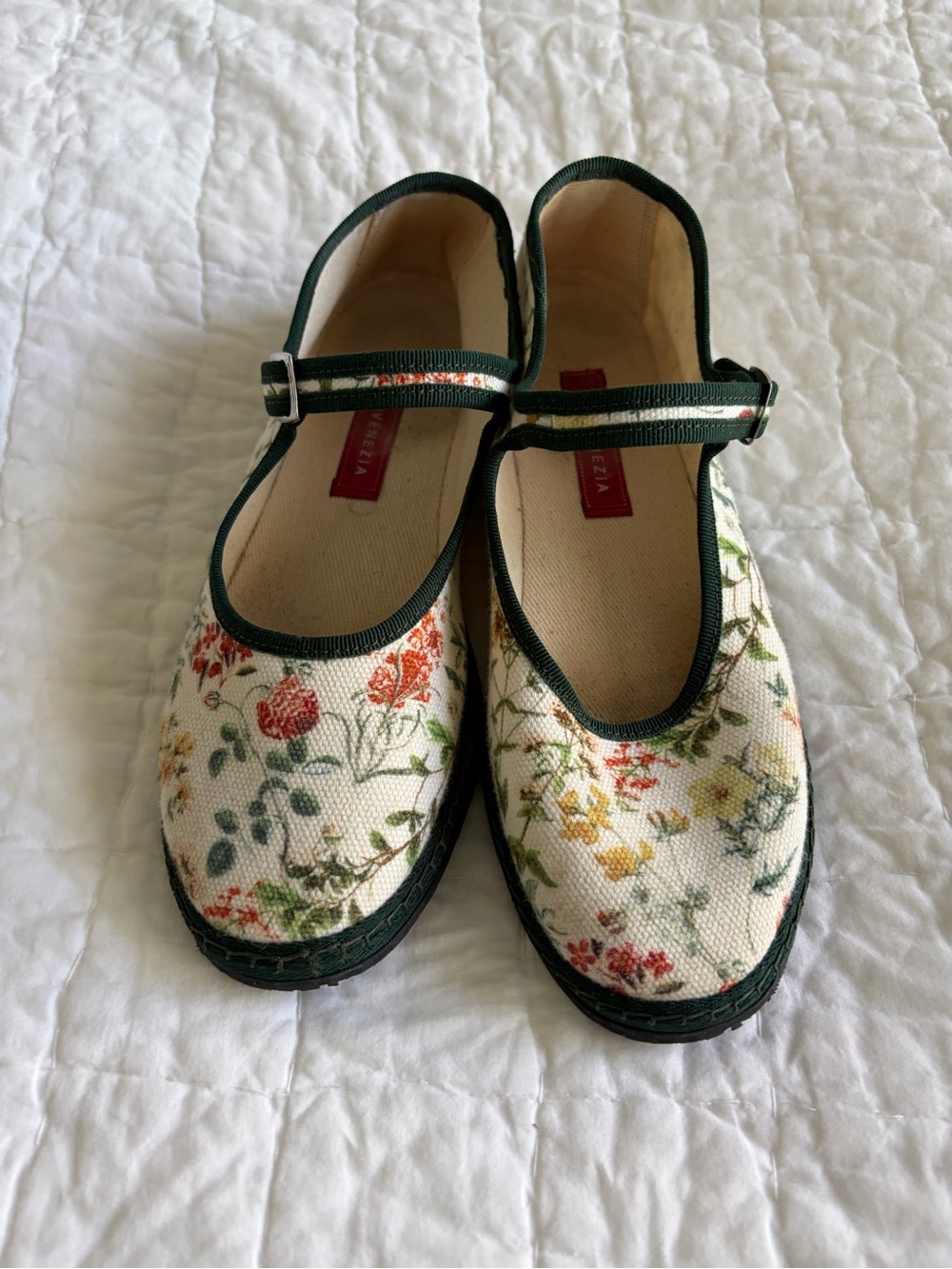 Vibi Venezia Botanical Floral Mary Jane Canvas Flats - Green Trim
